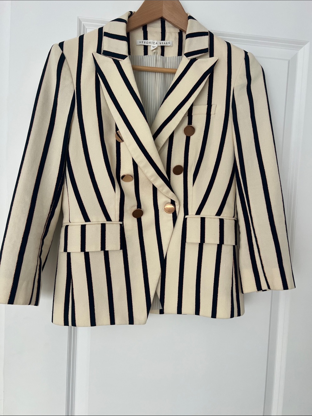Veronica Beard Cream and Black Striped Double-Breasted Blazer